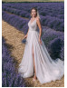 V Neck Ivory Sparkly Lace Tulle Side Slit Wedding Dress